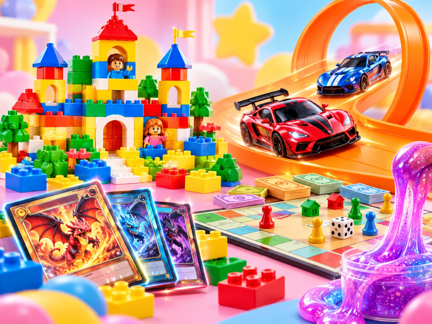 Colagem colorida com blocos, carrinhos, cartas e slime