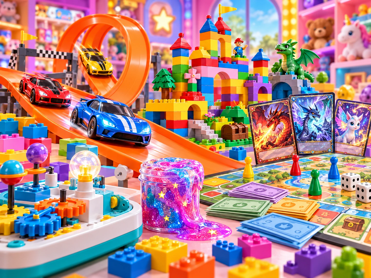 Arte colorida com carrinhos, blocos, cartas, slime e brinquedos educativos