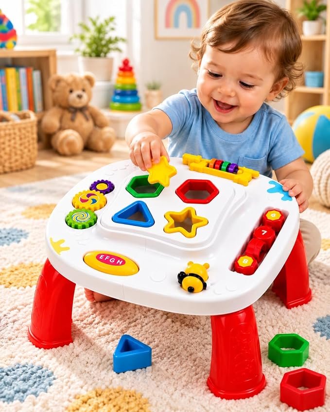 Mesinha Didática Infantil com Atividades e Som, Brinquedo Educativo com Formas de Encaixe, Engrenagens e Peças Móveis para Coordenação Motora, Cores e Formas